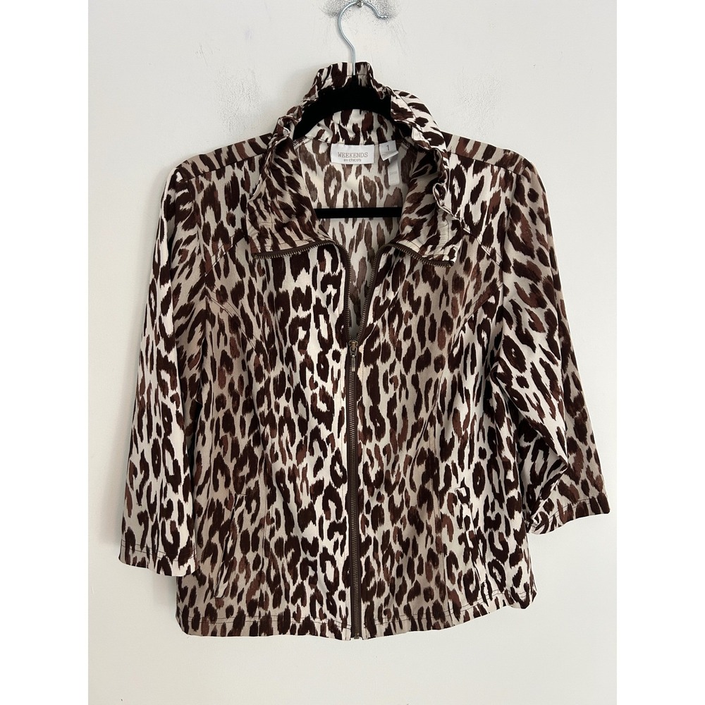 Chicos Weekends Leopard Print Zip Front Jacket Brown Cream 3/4 Sleeve Size 1 M